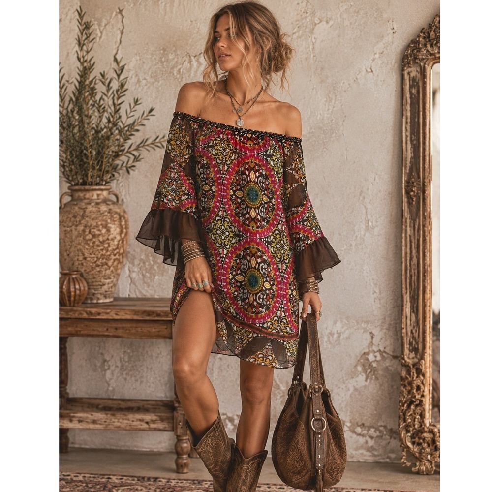 Mini Dress Off Shoulder L Bell Sleeve Paisley Sheer Boho Festival Hippie Gypsy